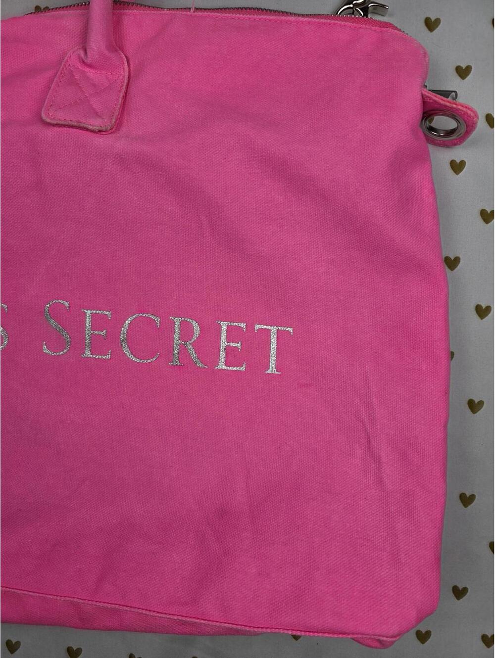 Victoria's Secret NEON PINK Tote Canvas Logo Duffel Bag Purse Long Strap - Picture 3 of 9